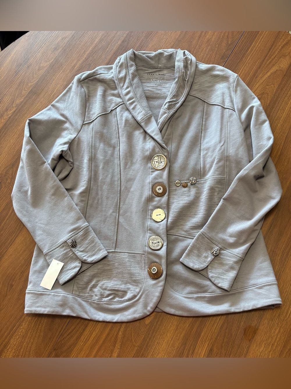 NEON BUDDHA button-Front Shawl Collar Jacket Artsy Buttons Lagenlook